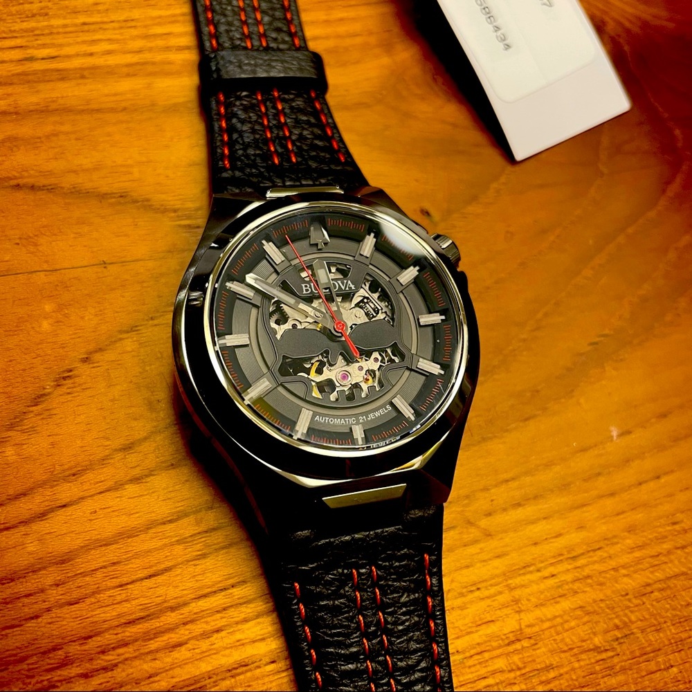 BULOVA Maquina Automatic Black Dial Black Leather Strap Men's Watch 98A237